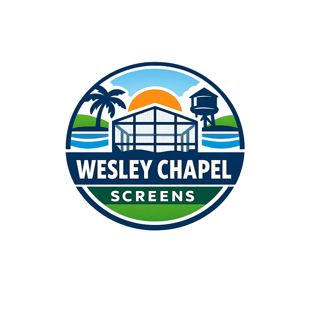 Wesley Chapel Screens logo featuring screened enclosure, palm trees, sun, water, and residential outdoor living design in Wesley Chapel, FL